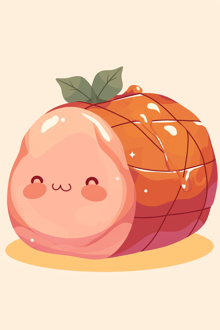 Thanksgiving food drawing ideas feature a cute honey glazed ham with a smiling face and a glossy, shiny surface. The ham has a charming blush, a playful expression, and is topped with green leaves, giving it an adorable, festive appearance perfect for holiday celebrations.